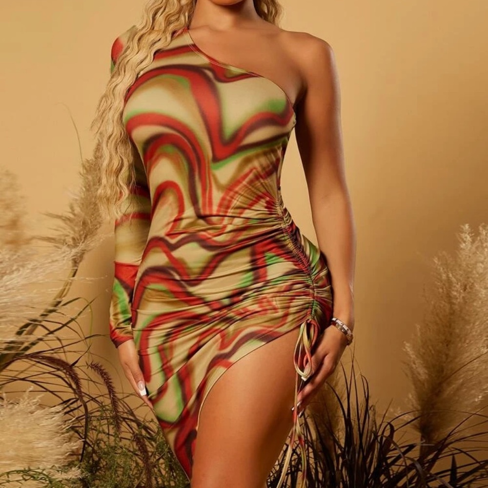 NWT marble print one shoulder drawstring asymmetrical dress